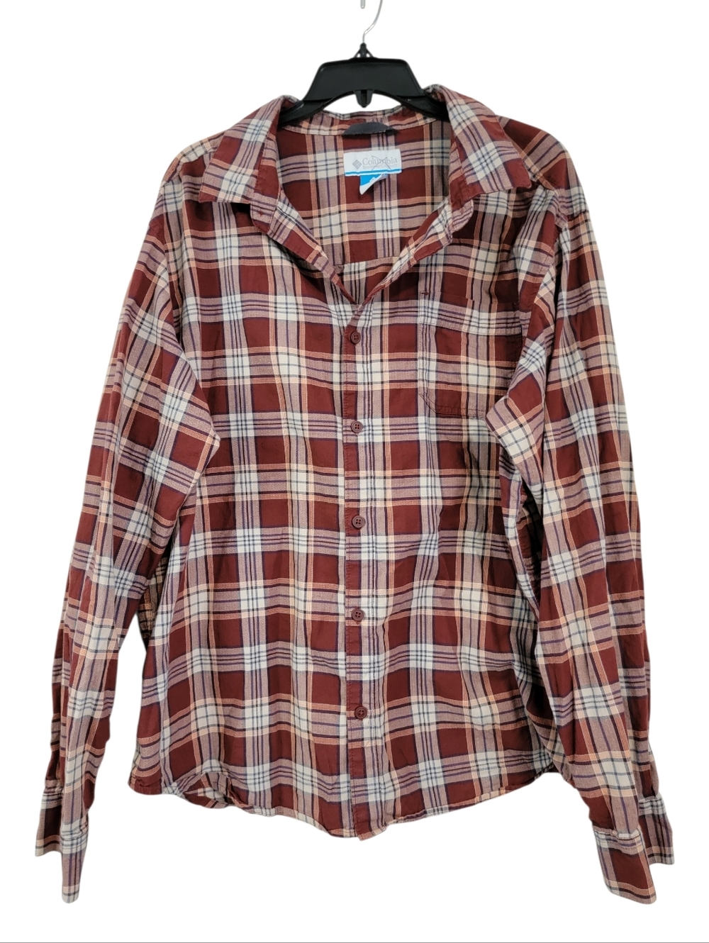 Columbia Men's Rust and Cream Plaid Button-Down Shirt Size XL